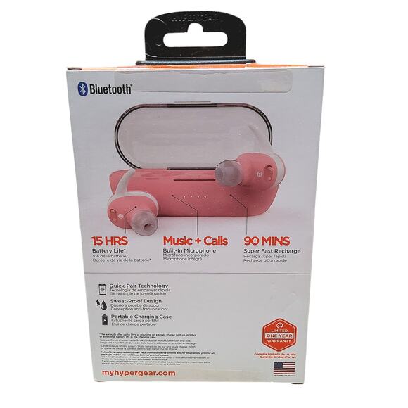 TRUE WIRELESS EARBUDS BLUETOOTH ACTIVE USB-C HYPERGEAR PINK WATERPROOF WITH CASE - Picture 8 of 8
